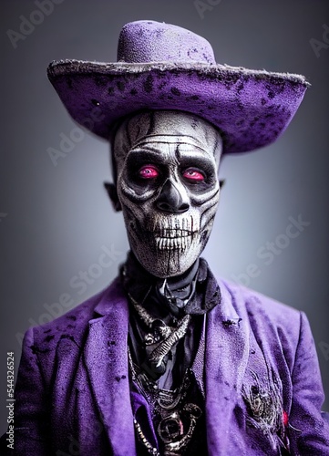 A Fictional Person. Portrait of Baron Samedi Wearing Purple Suit Death - Digital Art, 3D Render, Concept Art