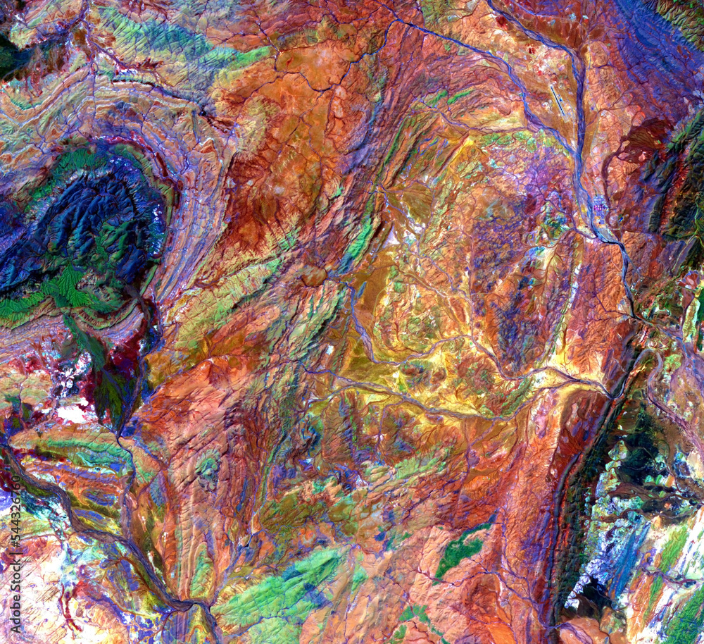 Aerial view of The Pilbara in northwestern Australia. Earth texture landscape with abstract patterns background. Earth surface. Natural abstract patterns. Elements of this image furnished by NASA.