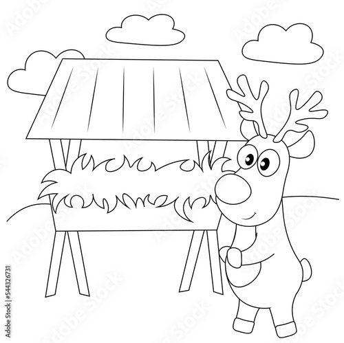 Cute deer in the winter forest at the feeder with hay. Coloring book for children