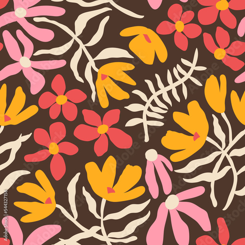 Hand drawn floral retro print for fabric, wallpaper, packaging, wrapping paper, web banner and social media. Modern groovy flowers, vector background. Vintage botanical seamless pattern.