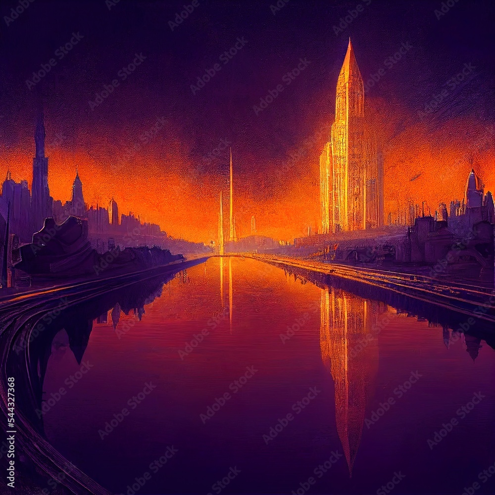 Vast Glass City Landscape The Canal Ancient Epic Pyramids Cyberpunk