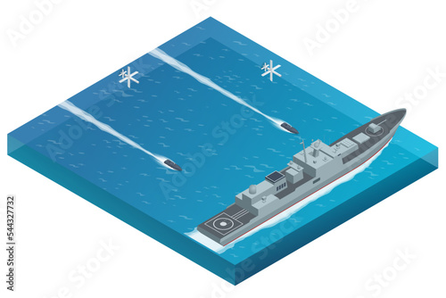 Isometric attack of a military naval warship with aerial drones and maritime surface military drones. Military drones can be controlled both manually using onboard television cameras
