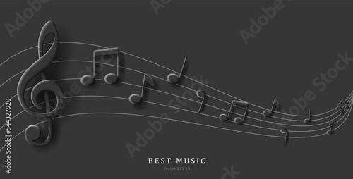 3d black music illustration with clef and notes on note wave lines