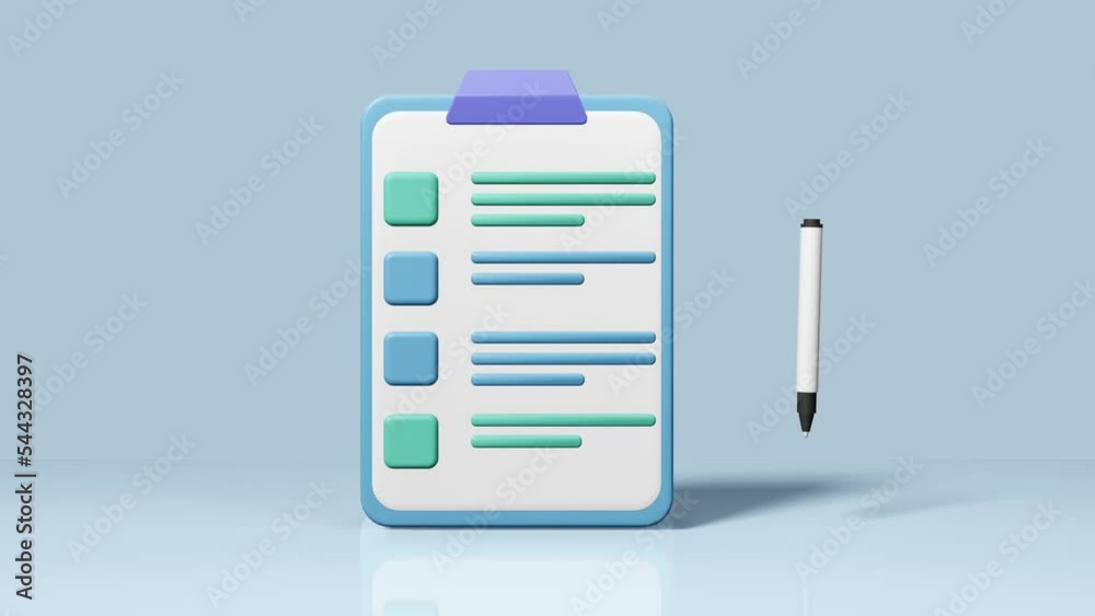 Clipboard with checklist and marker drawing ticks checking selection marks on blue background. 3d rendering animation
