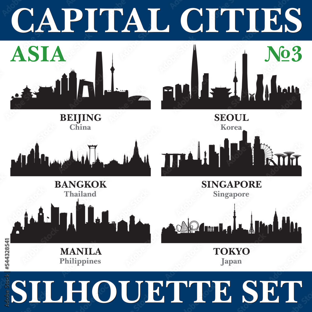 Fototapeta premium Capital cities silhouette set. Asia. Part 3