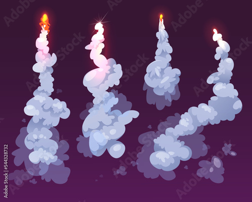 Smoke trace of rocket take-off. Plane or spaceship jets firing flames. Cartoon vector illustration.