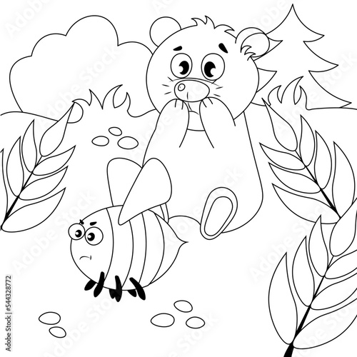 A cute teddy bear sits in a clearing with his nose stung by a bumblebee. Coloring book for children