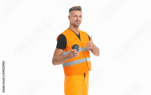 glad contractor man wearing working reflective vest. studio shot of man contractor.