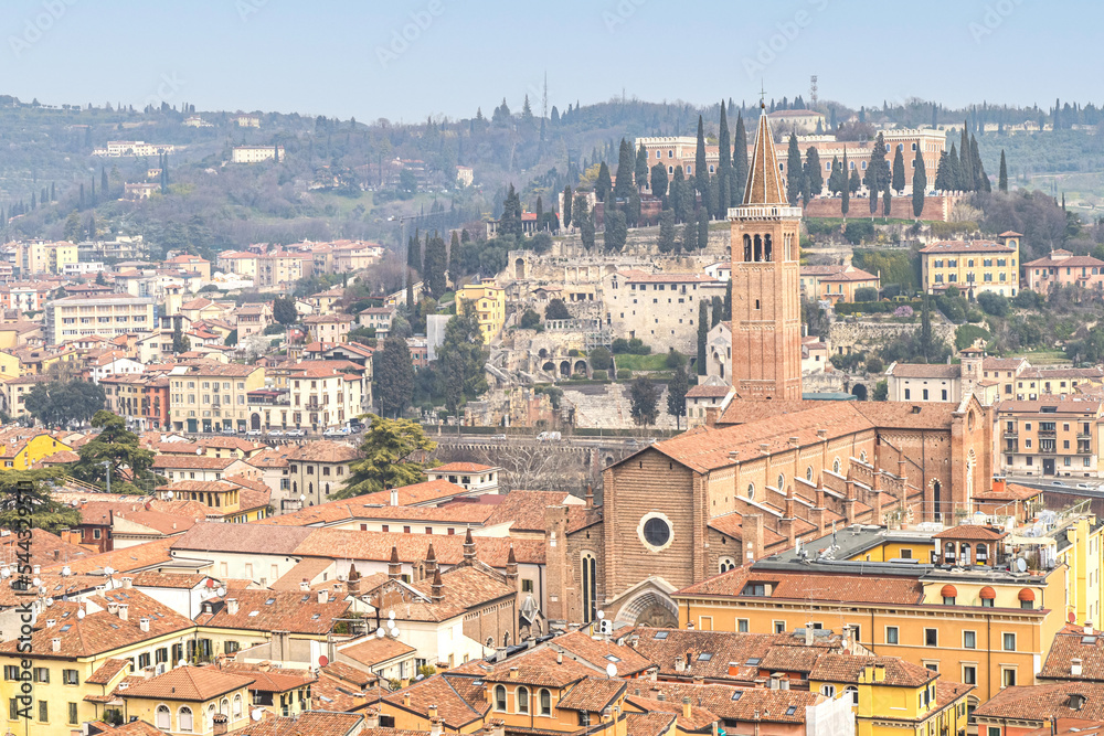 Aerial view of the skyline of Verona with a beautiful church