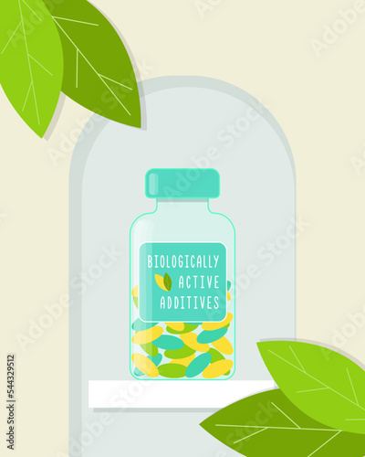 Bottle Biologically Active Additives BAA Dietary supplements, vitamins, antioxidant tablets, health capsules.