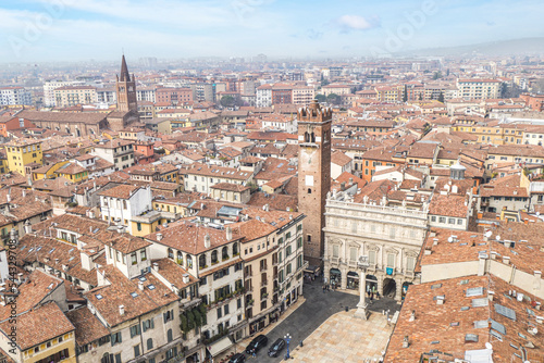 Aerial view of the historic center of Verona with Square of Erbe