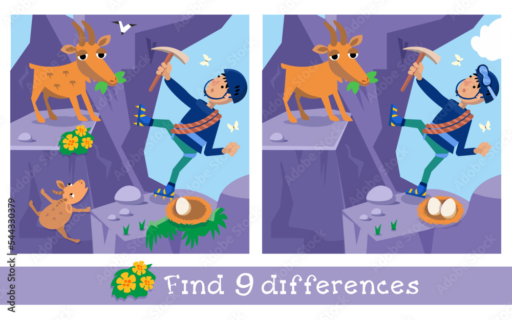 Find 9 hidden differences. Educational game for kids. Puzzle game in cartoon style. Cute characters, funny animals and boy, nature landscape. Vector illustration. Mountain and climber. 