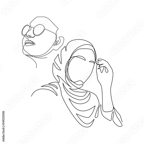 Vector illustration of a portrait of women in hijab drawn in line-art style photo