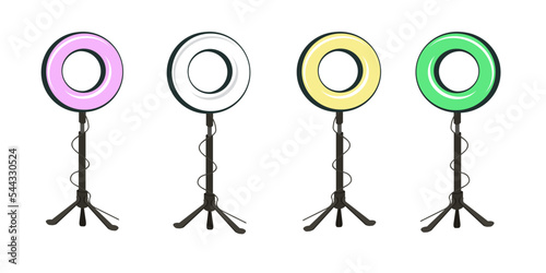 Colour ring lamp with tripod. Tools for video and photography. Vector isolated illustration for design.