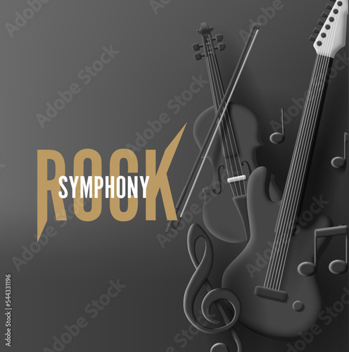 Rock symphony poster with 3d render black guitar and violine in composition with clef and notes