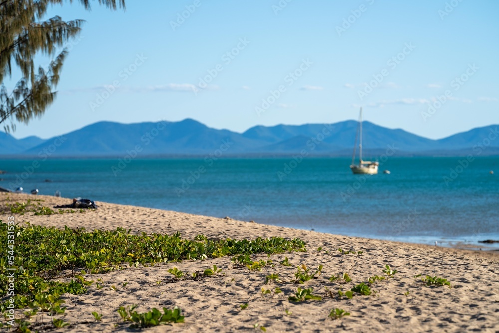 white sand beach in queensland Australia with boats and tourism