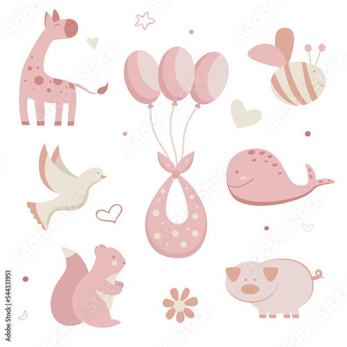 Welcome, baby. It's a girl. Set of cute baby objects and animals in minimalistic flat style. Vector illustration of children's toys. Cartoon kid clipart. Newborn.
