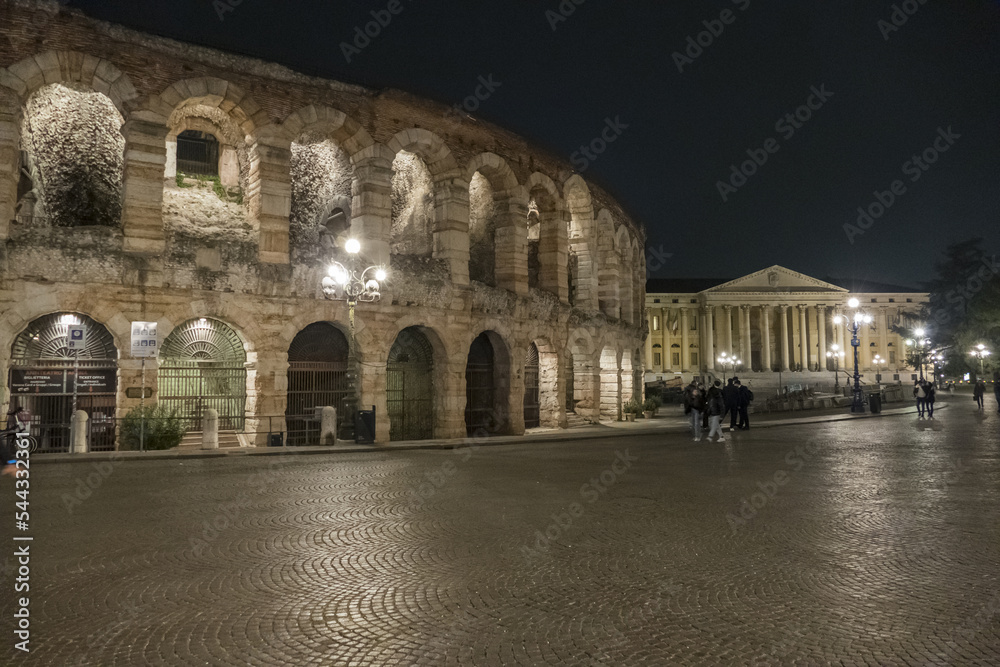 The beautiful Arena of Verona illuminated at night