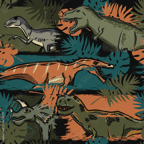 Seamless pattern with dinosaurs and tropical leaves on grunge strips. Background for textile, fabric, wrapping paper, kids, wear, clothes, web and other design.