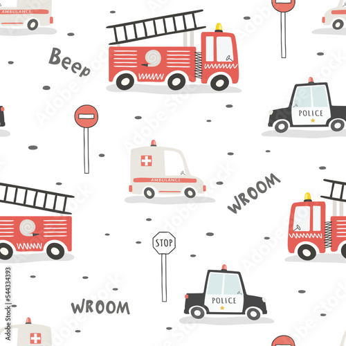 Photographie Seamless pattern with police, ambulance and fire truck.