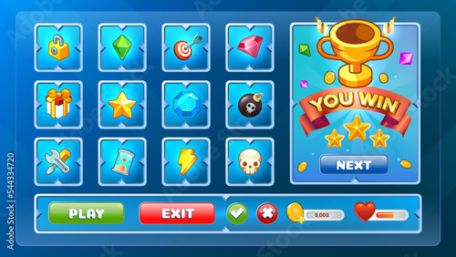 The Mega Pack Game UI interface kit for Mobile and Web fantasy theme games with Buttons, icons, win and lose Screens, Loading Progress Bars and powers icon - vector design.