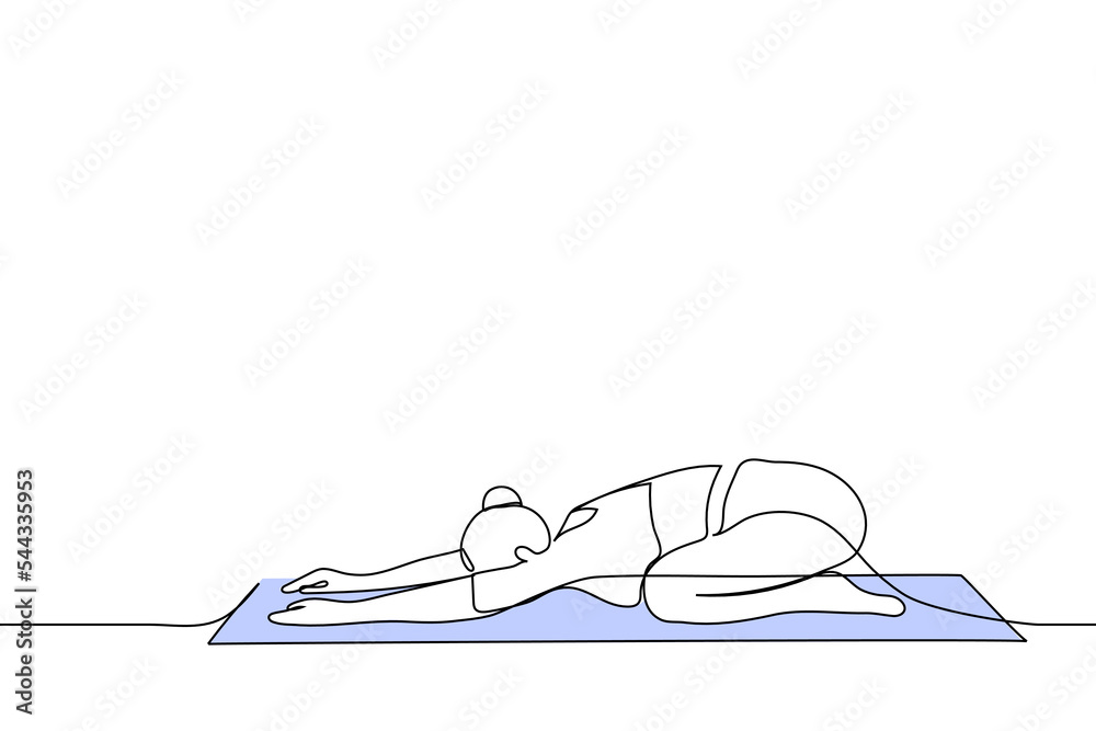 woman lying on mat in yoga pose stretching her back - one line drawing vector. concept stretching in child exercise woman lying on mat in yoga pose stretching her back - one line drawing vector. concept stretching in child exercise