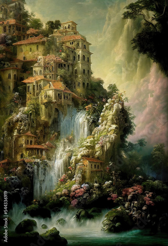 AI generated image of a medieval town on a cliffside with a large waterfall flowing through  