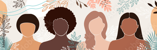 Vector illustration four beautiful women with different skin colors stand together.