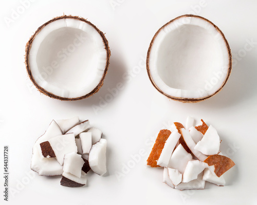 old and young coconut pieces comparison on white background.