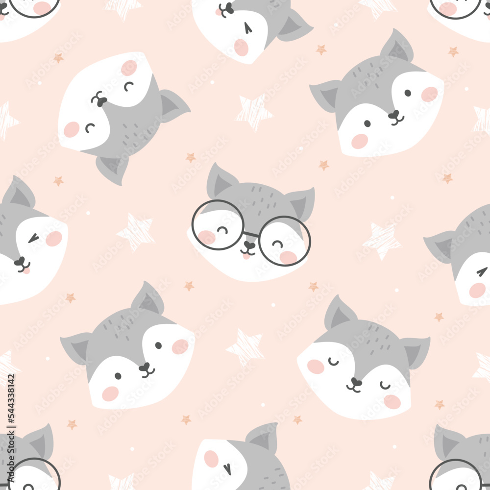 Seamless Vector Pattern Cute face of a Fox with different emotions. Childish Cartoon Animals Background. design for fabric, wrapping, textile, wallpaper, apparel and more