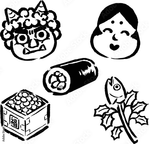 節分アイテム（鬼・おたふく・恵方巻・福豆・柊鰯）　筆タッチ単色線画