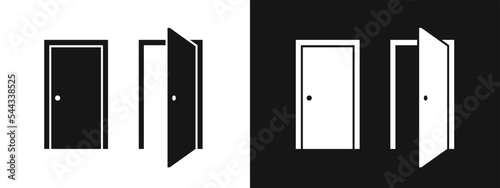 Door vector icon. Open and closed door silhouette, exit sign