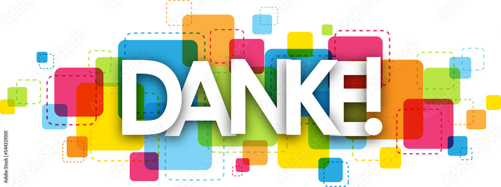 DANKE! (THANK YOU! in German) typography banner with colorful squares on transparent background DANKE! (THANK YOU! in German) typography banner with colorful squares on transparent background