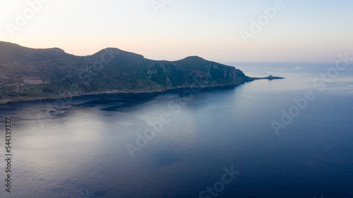 Aerial view at sunset on the island of Favignana. It's an Italian island belonging to the archipelago of the Aegadian islands, in Sicily, Italy.