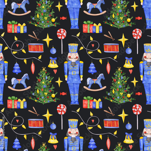 Nutcracker, Christmas tree, drums, gift box, bell, garland, star, heart, and a rocking horse on a seamless pattern. Watercolor Christmas nutcracker ballet endless print. Holiday illustration.