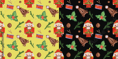 Nutcracker seamless pattern on a yellow and black background. Watercolor characters of the Christmas nutcracker ballet. Holiday endless print. Drums, clock, pine branch, heart, ilex, nut. photo