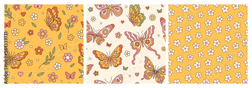 Groovy butterfly, daisy, flower. Hippie 60s 70s seamless patterns. Floral romantic backgrounds in trendy cute retro style. Yellow, pink colors. Fashion design, textile, fabric collection.