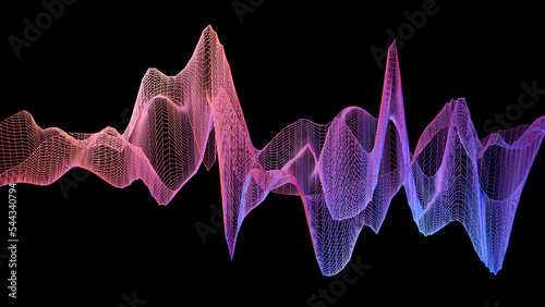 Illustration of abstract red wireframe sound waves, visualization of frequency signals audio wavelengths, conceptual futuristic technology waveform background with copy space for text photo