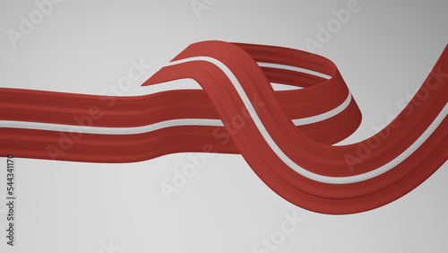 Close-up render of the twisted ribbon of the Latvia flag, the national colors of Latvia as a ribbon in 4k resolution, colors: RGB. High quality 3d illustration