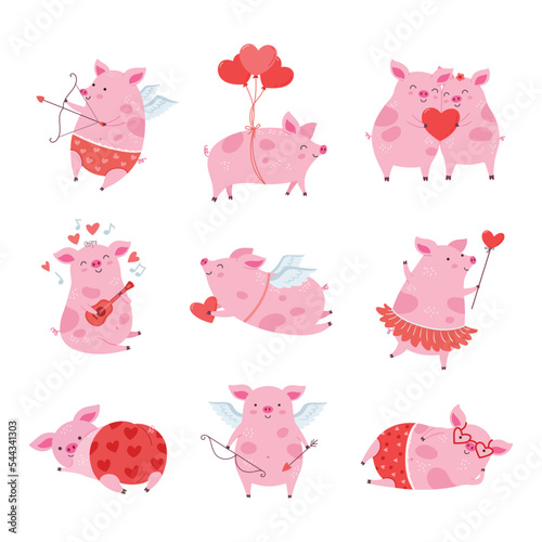 Vector set of cute, funny piglets in love, cupids, couple, musician, ballerina. Vector flat characters for Valentine's Day.
