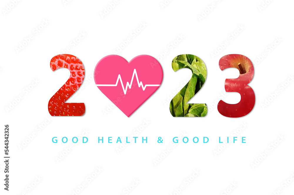 Fototapeta premium 2023 Happy New Year for healthcare. Fruit and vegetables which make 2023 number isolated on white background.