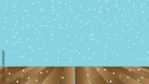Snowfall with star light blur with wood floor for show product 3d vector abstract blue background