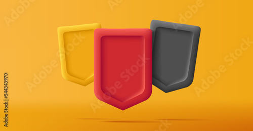 3d render shields composition, empty volume three shapes
