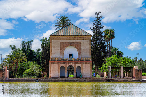 Arab building of the Menara Gardens that are located west of Marrakech (Morocco), at the gates of the Atlas Mountains and is one of the most visited tourist places in this Arab country. © Domingo Sáez