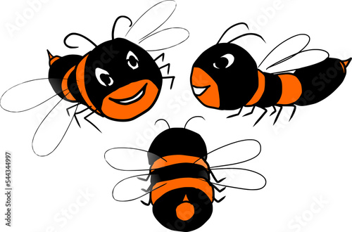 Cute friendly Black Orange bee. Cartoon happy flying bee with big kind eyes. Insect character. Vector isolated on white.