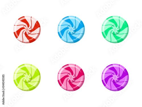 Colorful striped hard candy set. Round multicolored candies. Design element for Christmas, New Year, birthday, anniversary, event. Template for poster, icon, web, flyer, coupon, promo, blogs. Vector