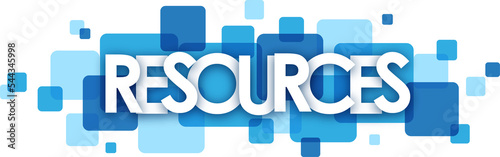 RESOURCES typography banner with blue squares on transparent background
