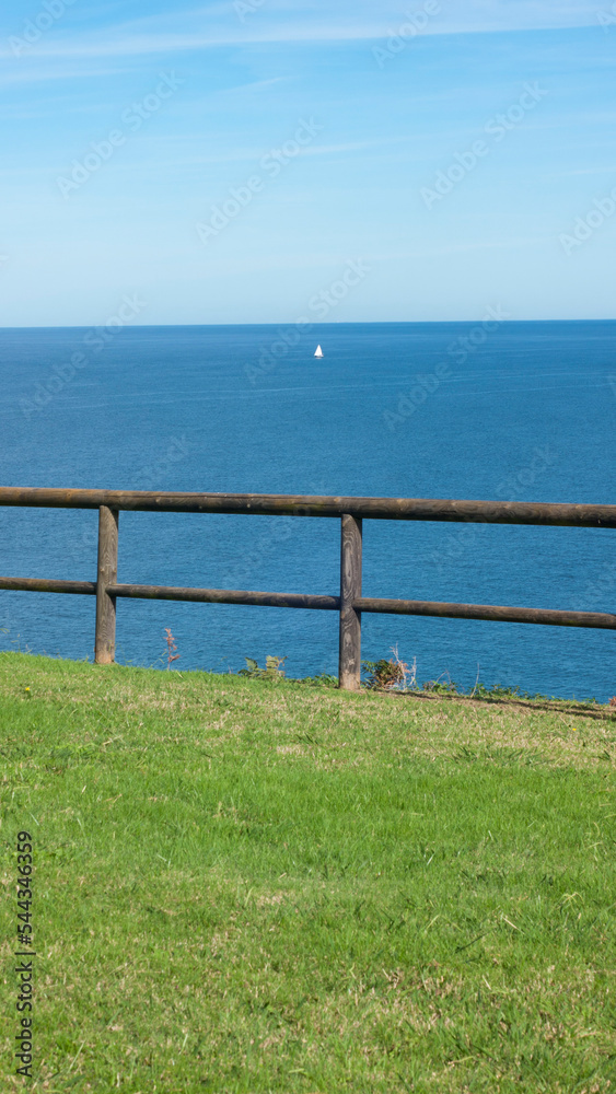 Barco blanco distante en horizonte marino y valla de madera en ladera verde Barco blanco distante en horizonte marino y valla de madera en ladera verde