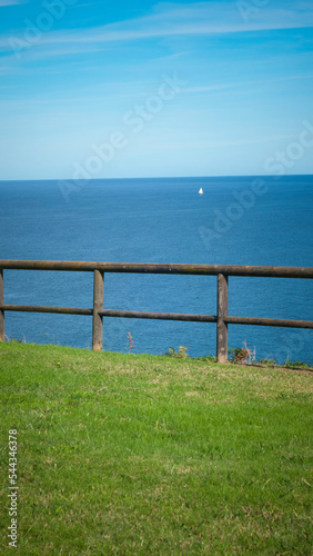 Barco blanco distante en horizonte marino y valla de madera en ladera verde © Darío Peña