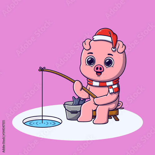 cute pig fishing in the ice hole